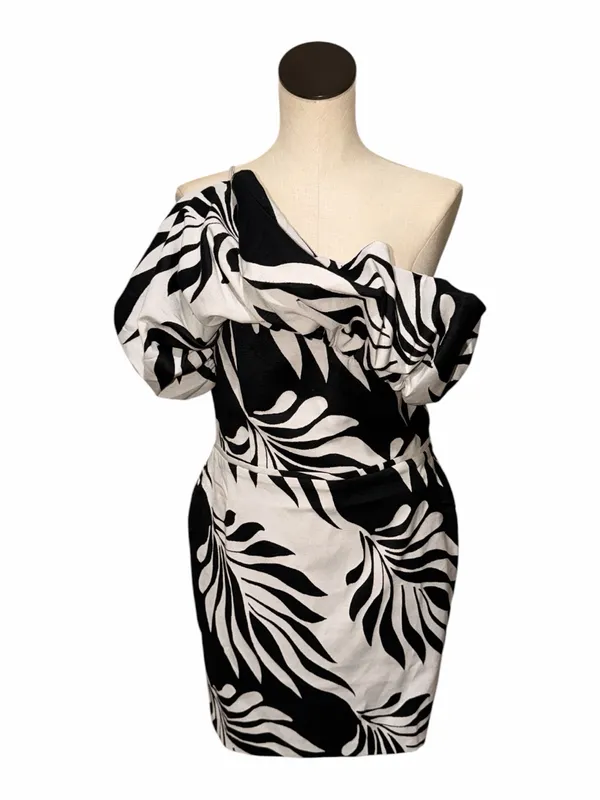 NWT $180 White House Black Market One-Shoulder Jacquard Dress Black White SZ-12 - Image 8