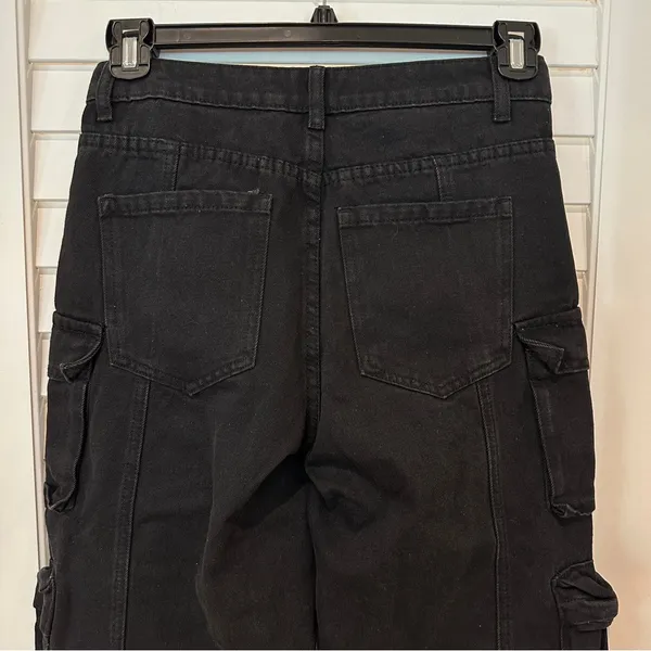 New Edikted Wide Leg Jeans Sz S Oversized Boyfriend Cargo Black Mid-rise Y2K - Image 13