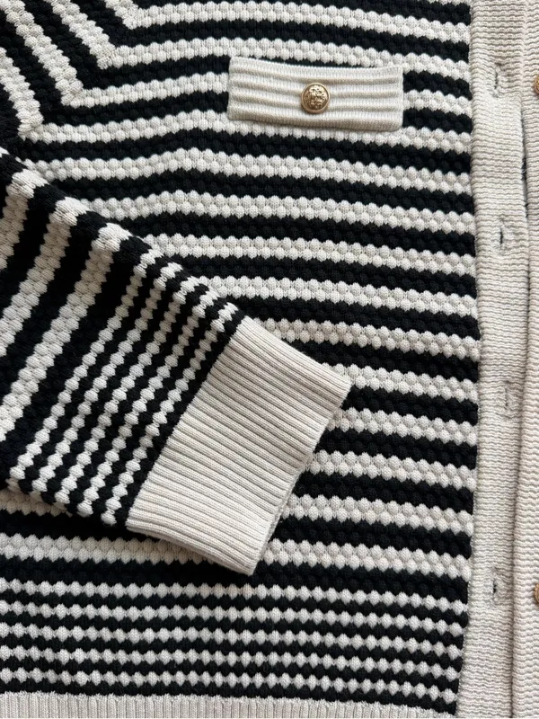 Adrianna Papell Black Ivory Striped Gold Button Cardigan Large - Image 4