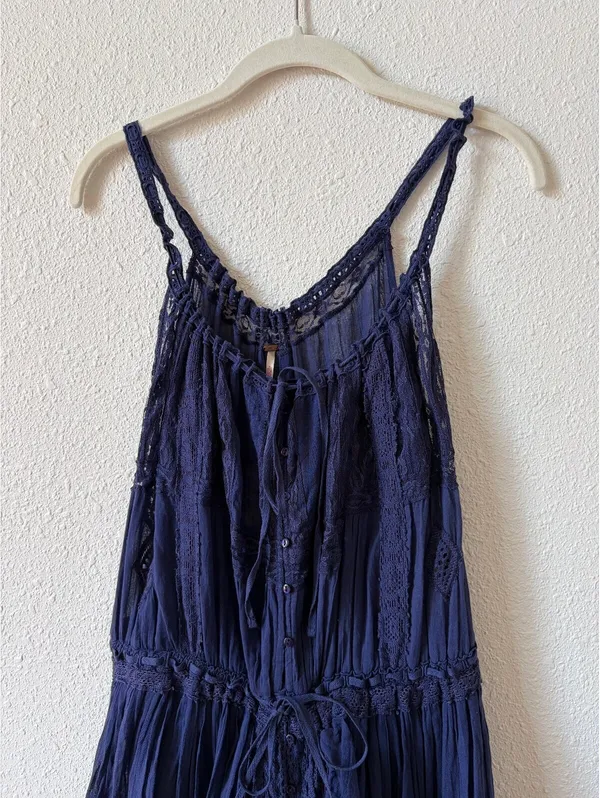 Free People Dolly Bodysuit Navy Size Medium Cottagecore Bohemian Lace Ruffle - Image 4