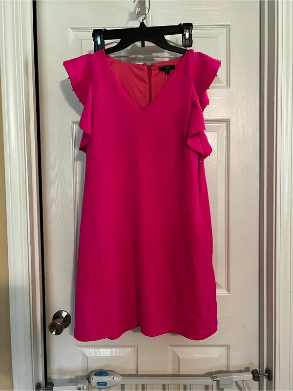 Very J Hot Pink V-Neck Ruffle Sleeve Shift Dress - Image 2