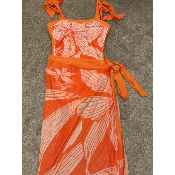 NWOT Orange Tropical Floral One Piece Swimsuit & Sarong Set Size M Resort - Image 11