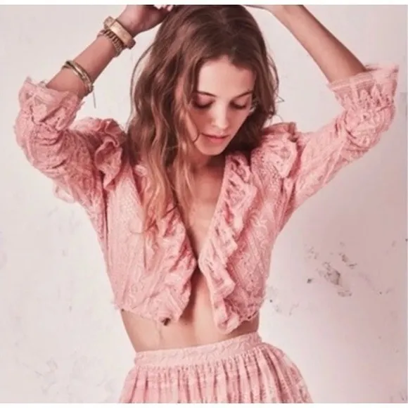LoveShackFancy Macey Crop Top XS Rosewater Pink Lace Ruffle Long Sleeve Blouse‎ - Image 3