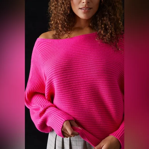 NWT By Anthropologie Kendall Hot Pink Off Shoulder Sweater S - Image 6