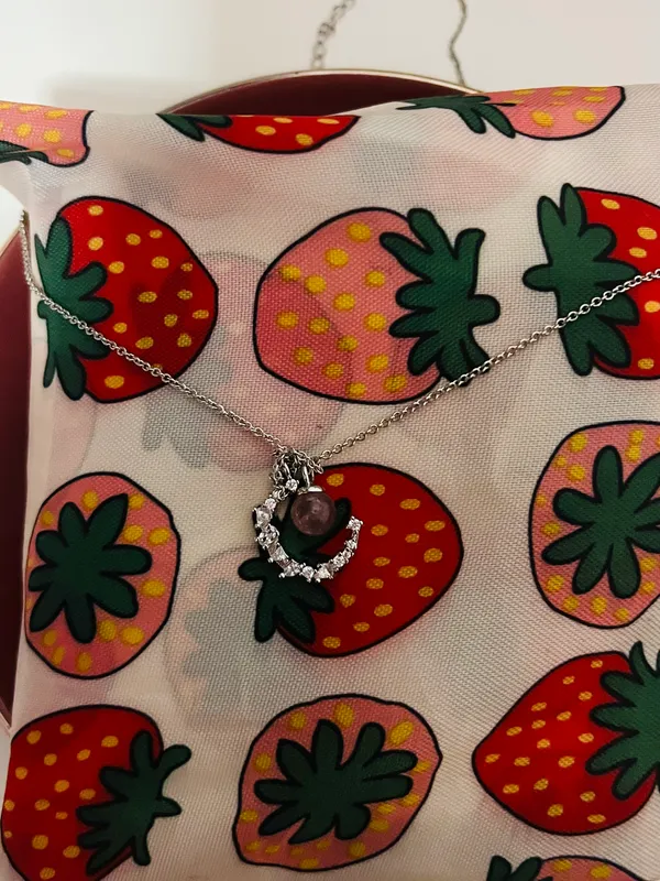 925 crescent strawberry crystal necklace women's high-end light luxury 2023 new style peach blossom clavicle chain ins lettering - Image 8
