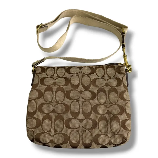 Coach Signature Canvas Crossbody Bag Brown Khaki Front Turnlock Pocket Gold Trim - Image 2