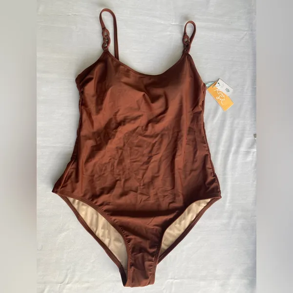 Kona Sol Brown Women’s Chain Link‎ Medium Coverage Sew In Cups One Piece Swimsuit Size M - Image 6