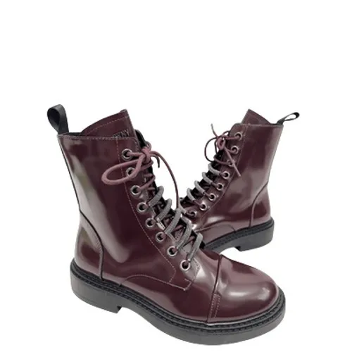 DKNY Burgundy Patent Leather Combat Boots Lace Up Zip Size 6M - Image 6