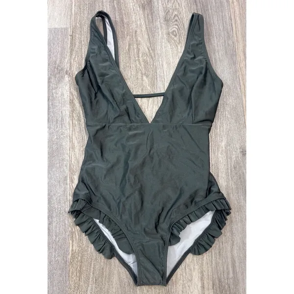 Cupshe Sweet Smile Solid One Piece Swimsuit Dark Green Ruffle Trim V-Neck Medium - Image 2