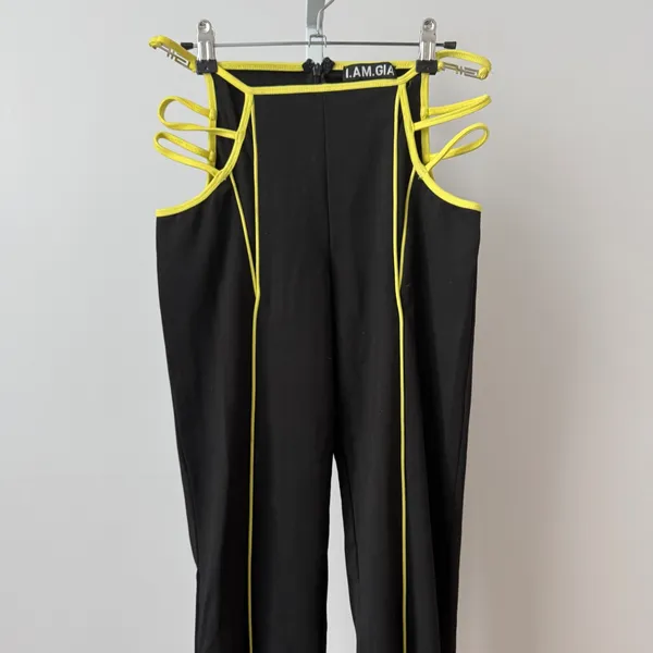 I.AM.GIA sz S Lucid Pant Black Neon Yellow Cut Out Strappy Flare‎ Rave Y2K - Image 3