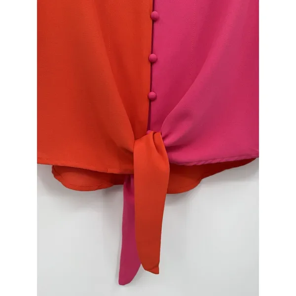 Hot Pink Orange Blouse V Neck Button Down Tie Knot Front Bell Sleeves Small Top - Image 6