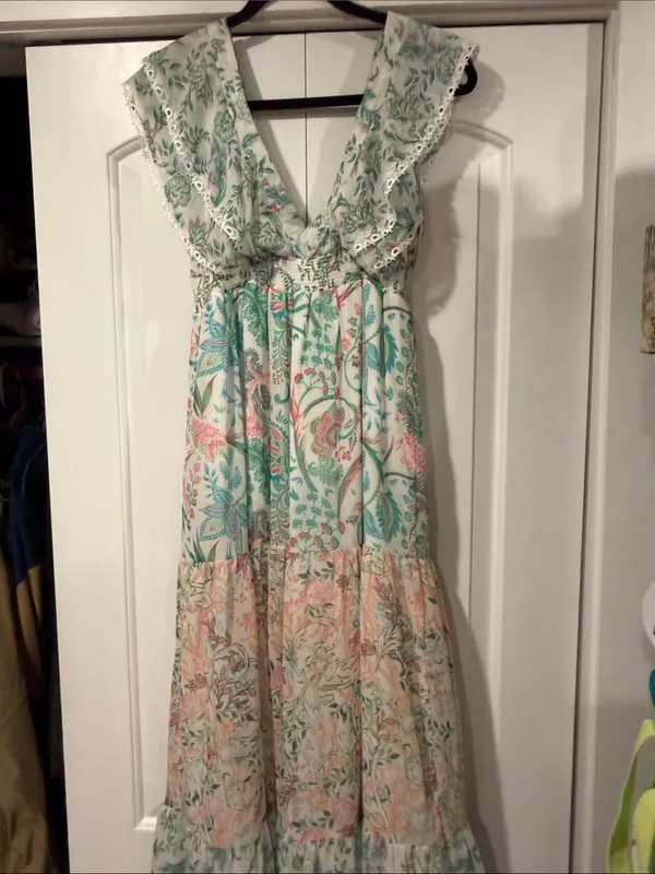 House of Harlow‎ 1960 Pastel Floral Tiered Maxi Dress - Mint & Blush - Image 7