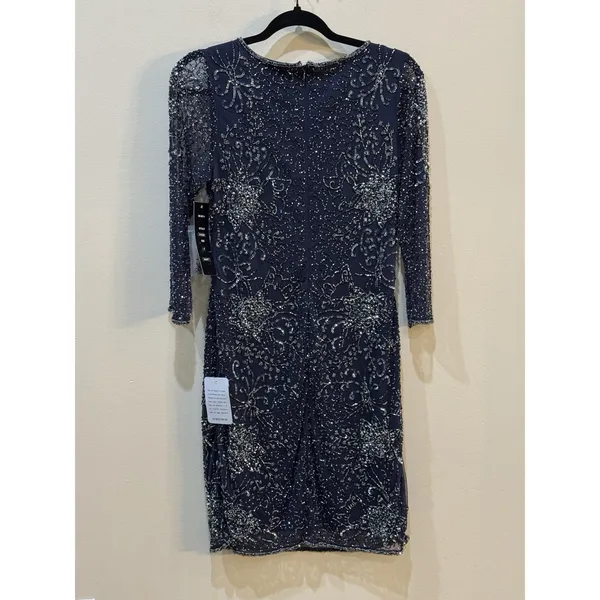 Pisarro Nights Navy Beaded V-neck Cocktail Dress Size 8 $238 MSRP - Image 4