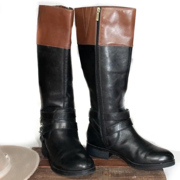 Bandolino Two-Tone Leather Riding Boots Black Brown Gold Buckle Size 6 - Image 11
