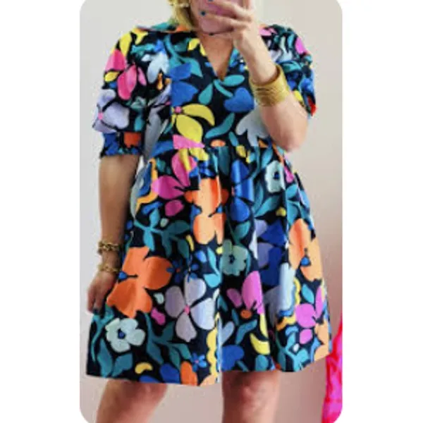 Floral‎ Maximalist Mini Dress Women Sz L Collar Bright Summer Puff Cotton - Image 3