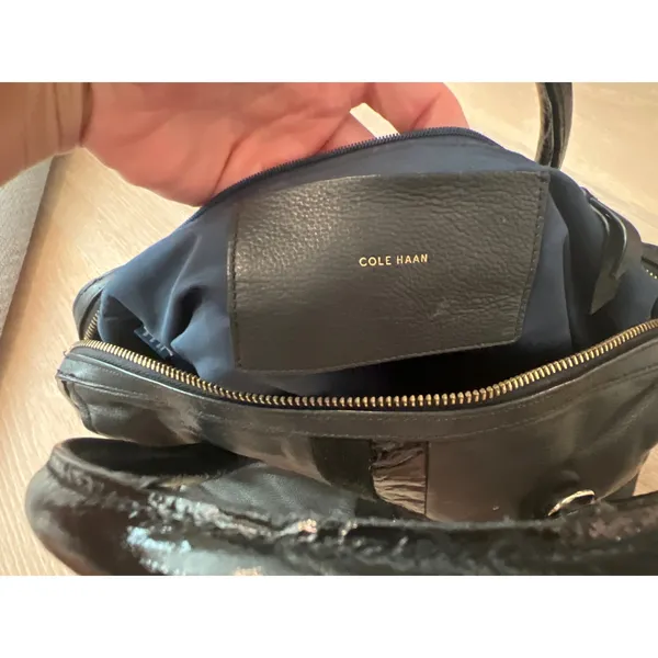 Cole Haan Black Soft Leather Satchel Handbag Gold Accents Navy Interior - Image 8