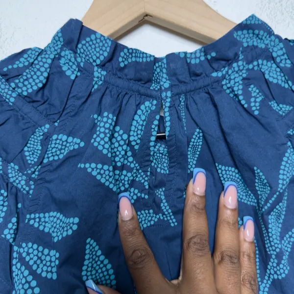J. Crew Women 100% Cotton Preppy Top‎ XS Blue Leaf Print Ruffle Flutter Sleeve - Image 8