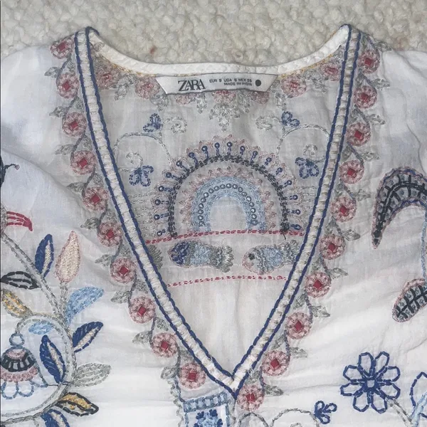 Zara Embroidered Floral‎ Fish Turtle Bird V-Neck Blouse Oyster White Small - Image 6
