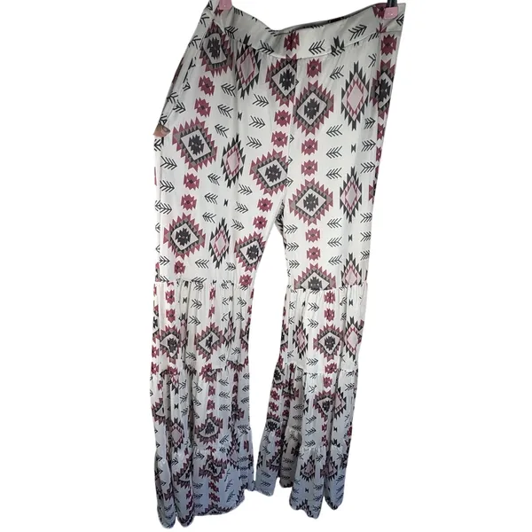 Marigold Kiss Women’s Flare Pants L Geometric Print White Pink Black Gray - Image 4