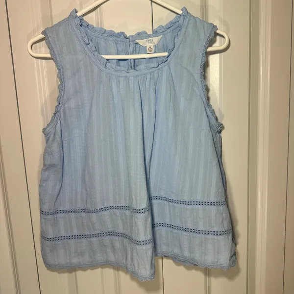 Flowy Lace Inset Tank Top Cotton Blouse Med Blue Eyelet Ruffle Coastal Natural - Image 2