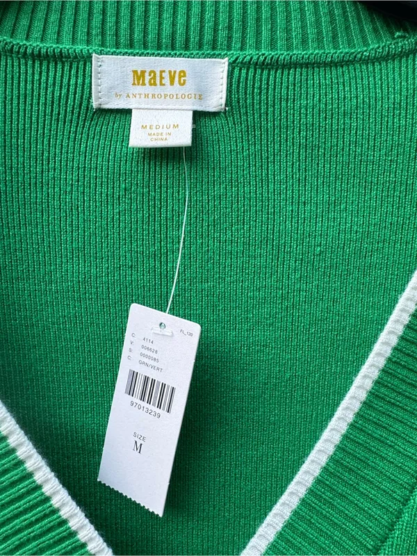 Maeve Anthropologie Green Ribbed V-Neck Cardigan NWT Medium Preppy Contrast Trim - Image 4