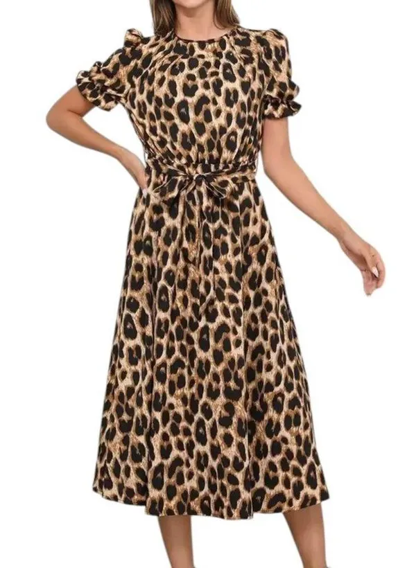 Leopard Lace-up Round Neck Puff A-line Dress - Image 5