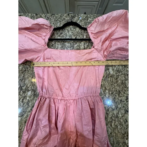 Vintage 80's Puff Sleeve Pink Taffeta Dress Square Neck Off Shoulder Handmade - Image 4