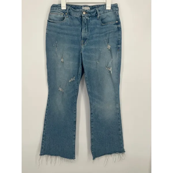 Good American Flare Jeans Women 10/30 Light Wash Distressed Raw Hem High Rise‎ - Image 2