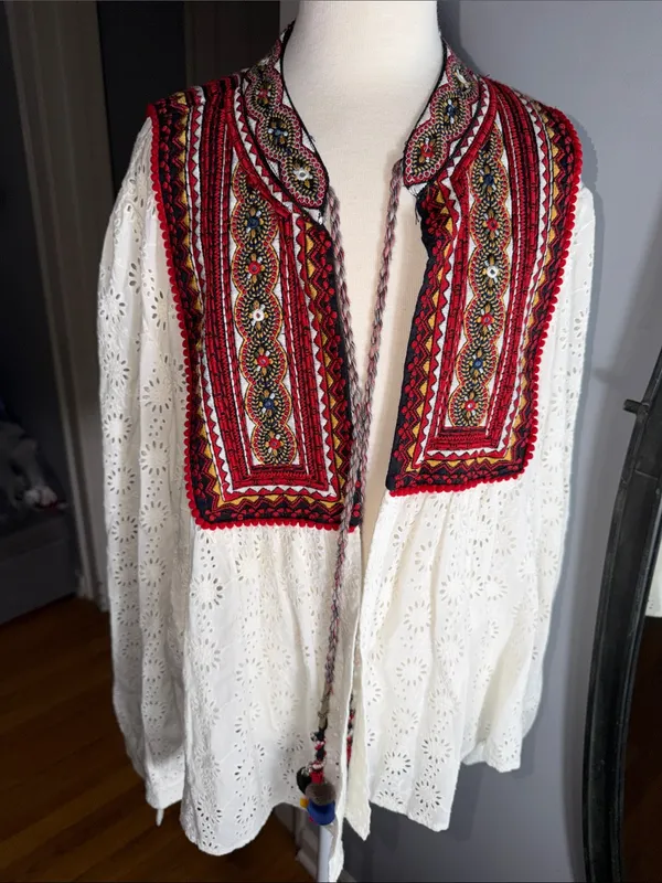 Zara White Eyelet Tunic with Red Multicolor Embroidered Yoke - Image 3
