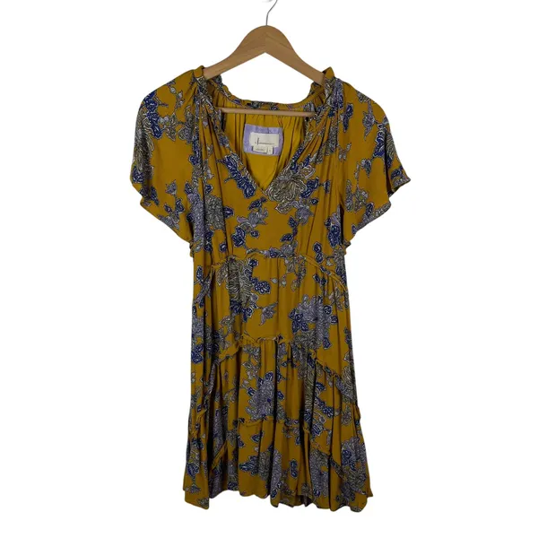 By Anthropologie Robin Tiered Mini Dress Small Yellow Floral Paisley Boho‎ Flowy - Image 2
