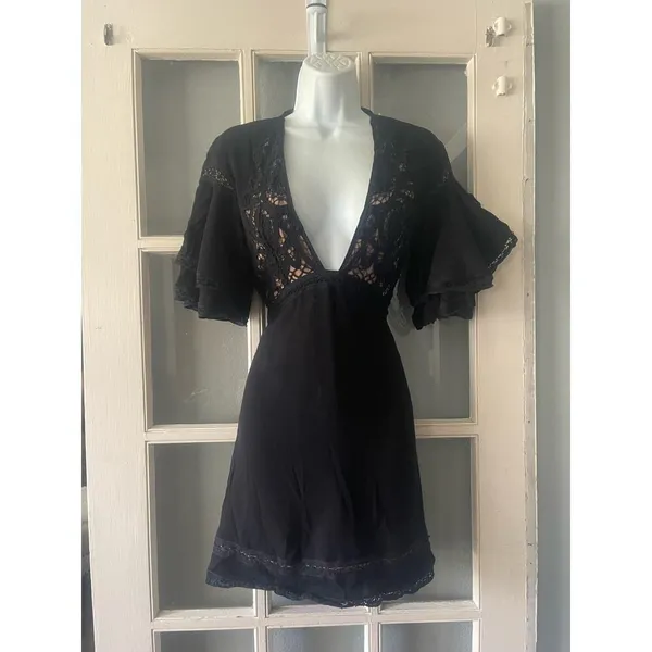For Love and Lemons Carmine Black Lace Ruffle Sleeve Cami Mini Dress - Image 6
