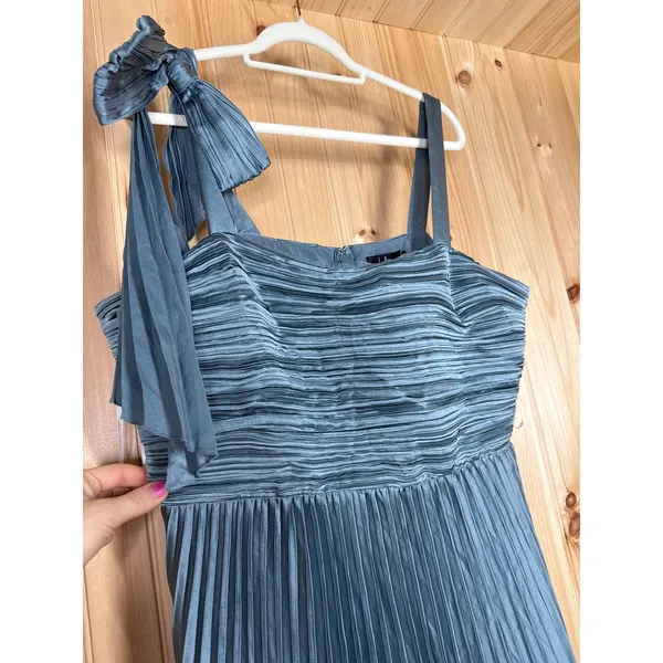 NWT Lulus Blue Gorgeous Purpose Slate Satin Pleated Sleeveless Bow Maxi Dress S - Image 4