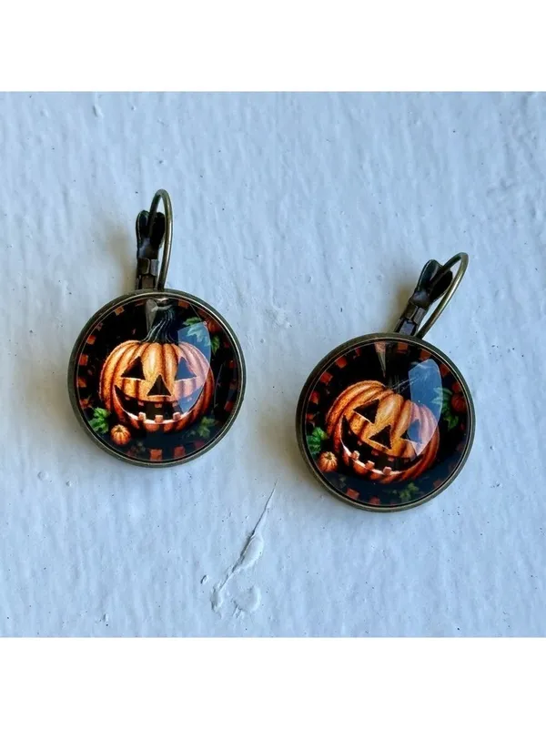Halloween Pumpkin Jack O Lantern Dangle Earrings Black Orange - Image 2