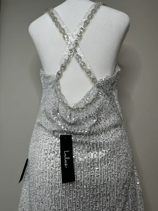 Silver Sequin Cowl Neck Mini Dress Sz M - Image 3