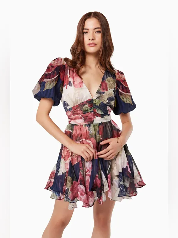 Elliatt Grandstand Chiffon V Neck Boho Flare Summer Mini Dress Navy Floral Multi - Image 6