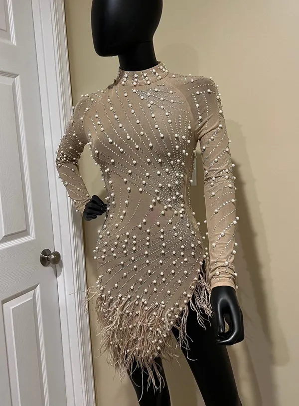 Rhinestones mini dress long sleeve pearl dress mock neck dress fringe feathers dress Sequin Dress - Image 3