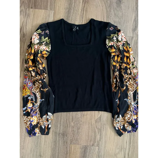 Anthropologie $128 BL-NK BL^NK Floral Balloon Sleeve Black Sweater‎ Top Bohemian - Image 2