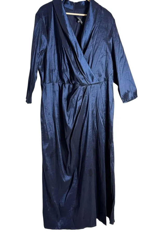 Marina Plus Size Navy Taffeta Surplice V-Neck 3/4 Sleeve Faux Wrap Dress 2X - Image 3