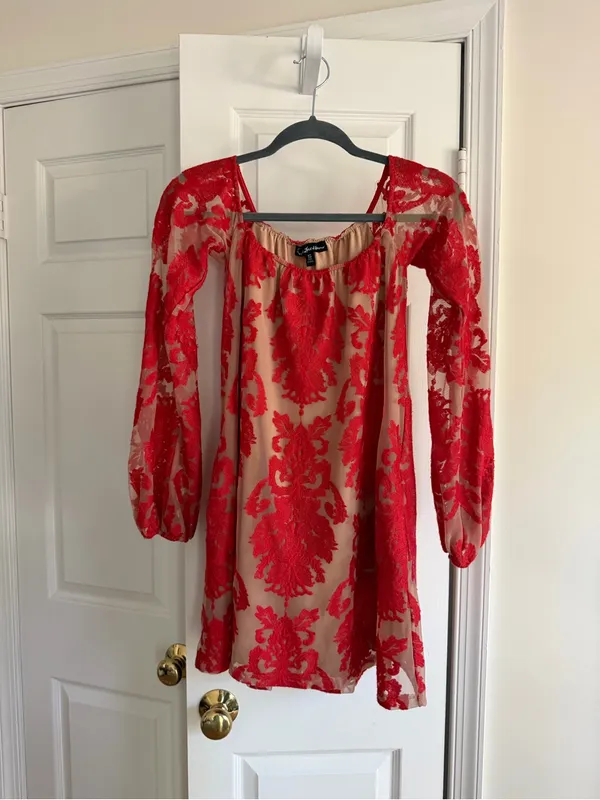 For Love & Lemons Precioso Red Lace Off Shoulder Mini Dress S - Image 4