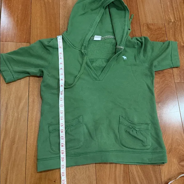 Abercrombie & Fitch‎ Short Sleeve Hoodie Womens Green V-Neck Pullover Large - Image 7