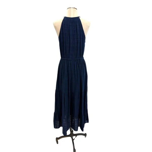 Self Contrast Navy Gauze Halter‎ Tiered Midi Dress Boho Sleeveless Size Medium - Image 5