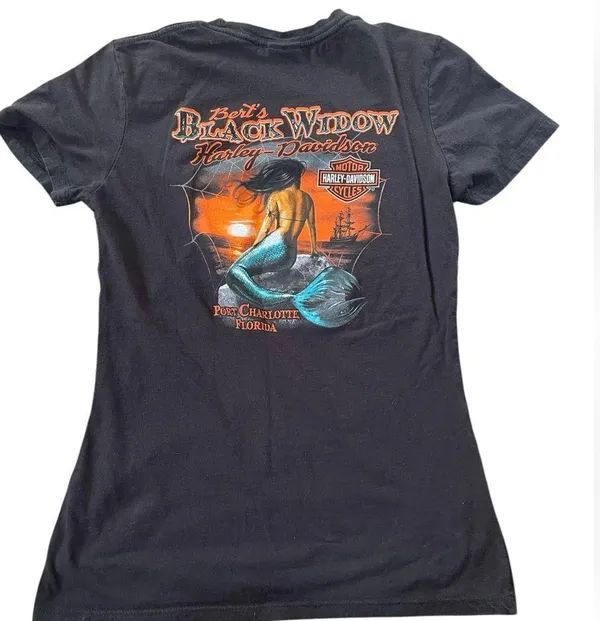 Harley Davidson Black Widow Florida Mermaid Graphic Moto Biker Grunge Tee Shirt - Image 5