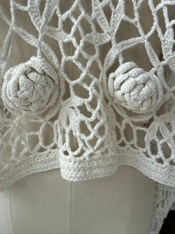 Vintage 90s Y2K One Step Up Ivory Open Knit Crochet Long Sleeve Crop Top OSFM - Image 4