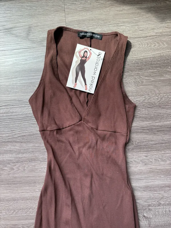 Naked Wardrobe Brown Jumpsuit Women’s V-Neck Sleeveless Ribbed - Image 2