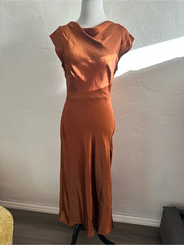 Hello Molly GET IN FORMATION SATIN MIDI DRESS BROWN us 4 - Image 3