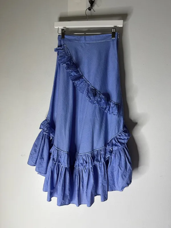 CHICWISH Women's Blue Stripes Ruffle Tiered Frill Hi-Lo Hem Midi‎ Skirt Sz S - Image 2