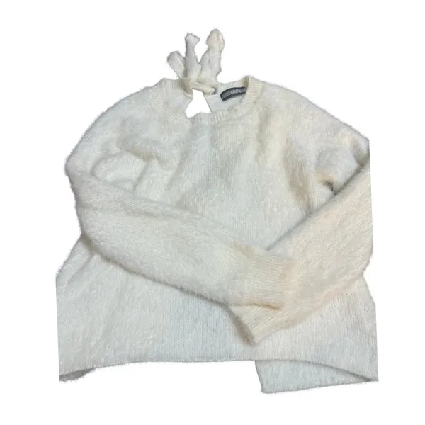 Addie Fuzzy Eyelash Knit Sweater Ivory Tie Back‎ Medium - Image 7
