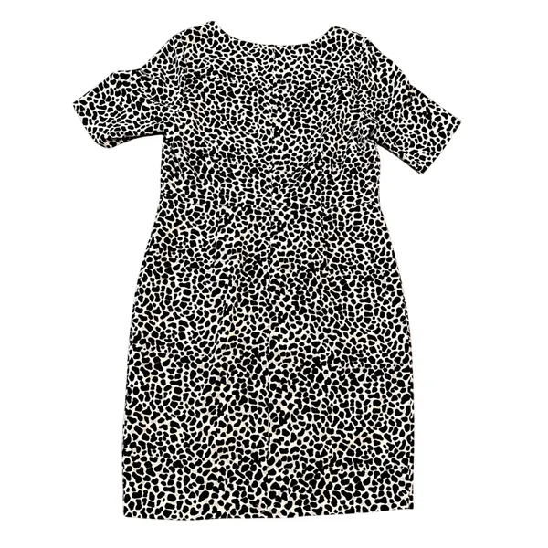 Talbots Womens 14 Animal Print Sheath Dress Short Sleeve Black White Knee Length - Image 3