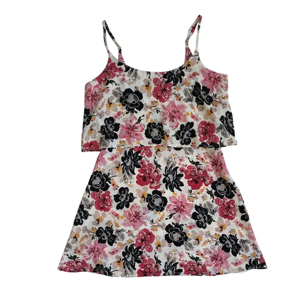 Abercrombie Fitch Womens M Pink Black Floral Popover Mini Dress‎ Cream - Image 2