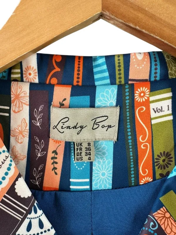 Lindy Bop Bookshelf Print Fit & Flare Shirt Dress Retro Literary Size 4 Books - Image 5